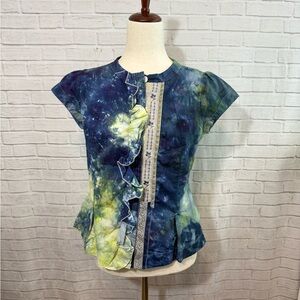 Ice dyed Upcycled Floreat Anthropologie Blouse, Ruffled, Embroidered, Blue